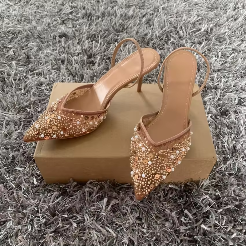 Slingback Heels with Pointed Toe and Embellishments for Women