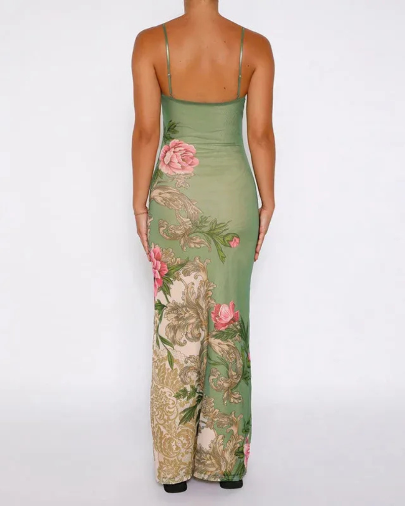 Sleeveless V-Neck Bodycon Floral Dress for Women