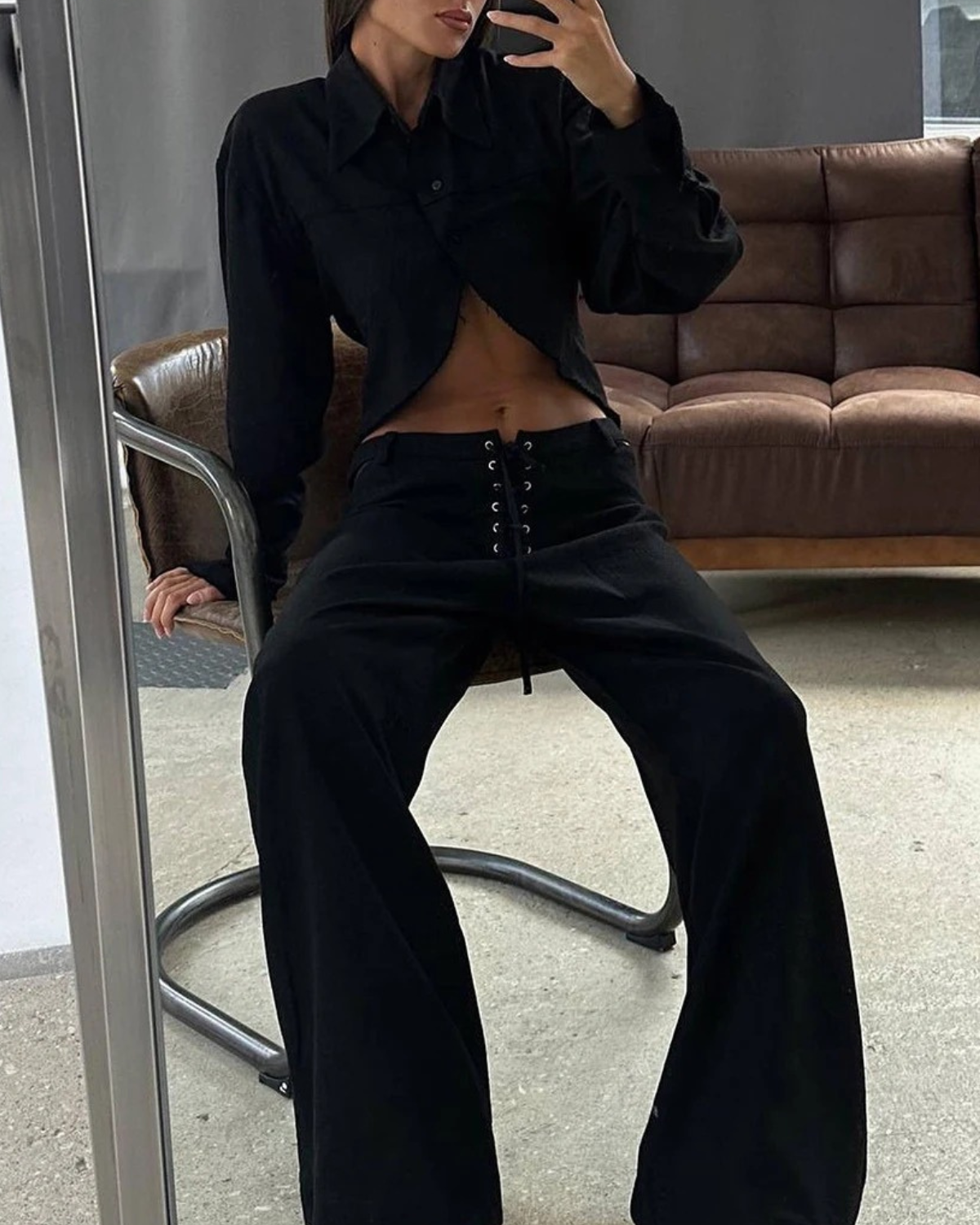 Linen Set with Long Sleeve Shirt and Wide Leg Pants for Women