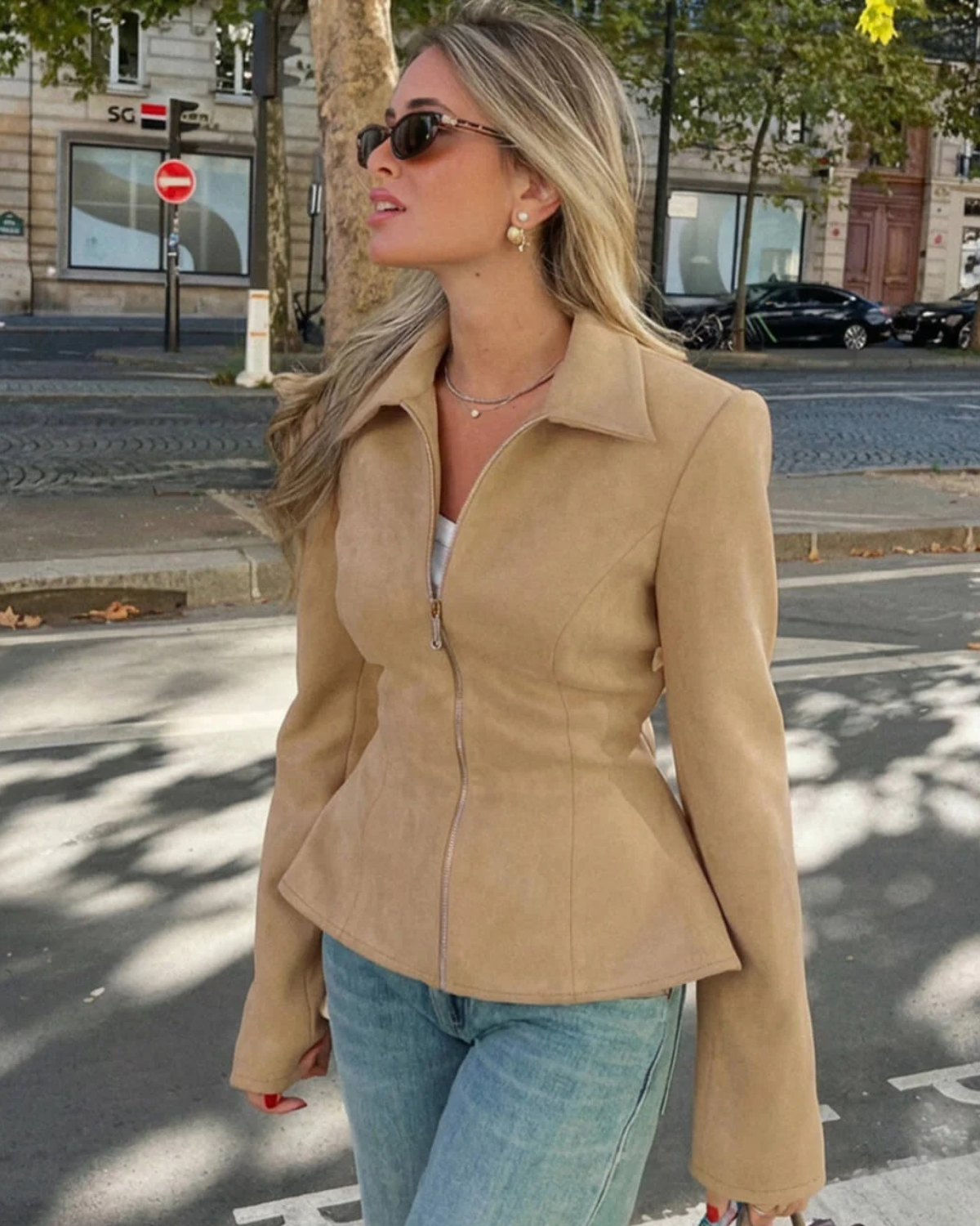 Faux Suede Jacket with Collar and Zipper Closure for Women