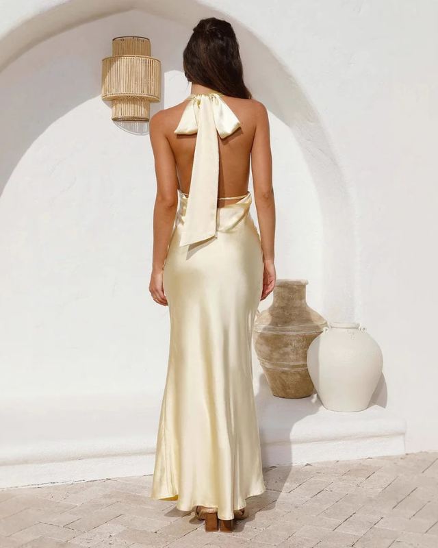 Satin Halter Neck Backless Maxi Dress for Women