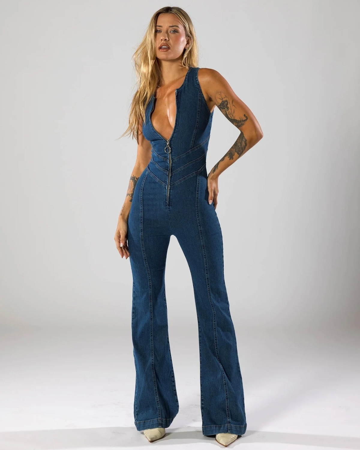 Denim Flared Jumpsuit with Front Zip for Women