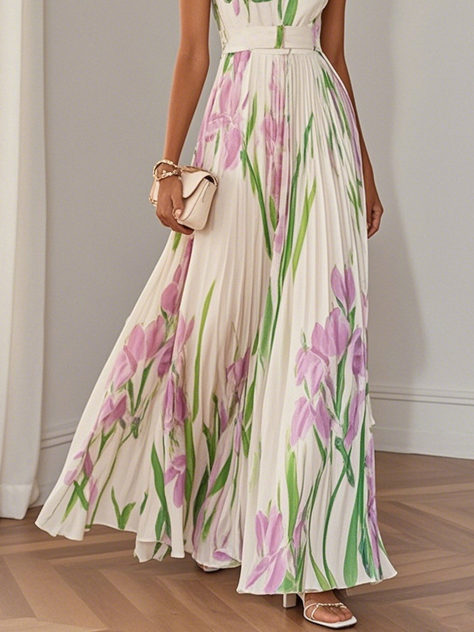 Pleated Floral Maxi Dress for Women