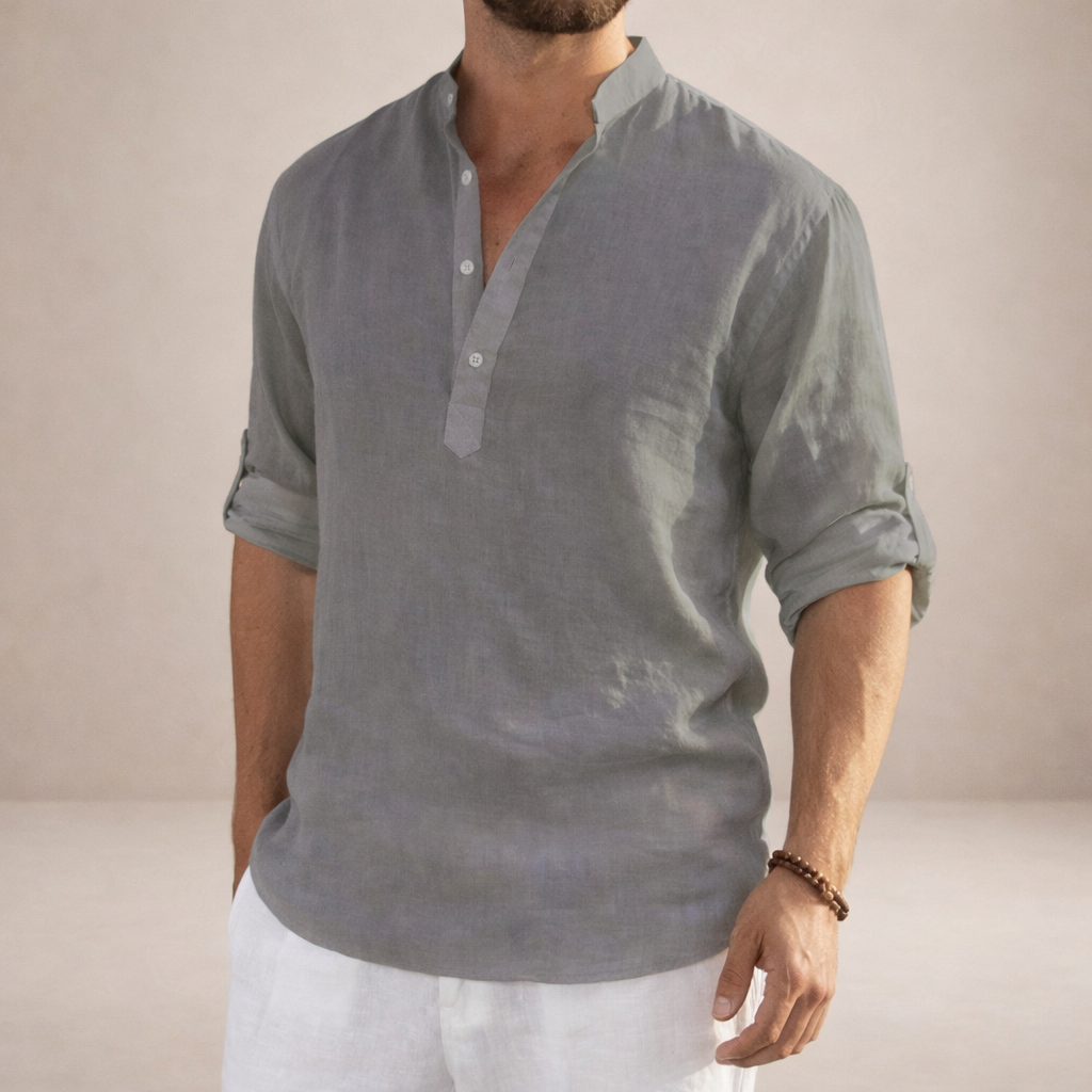 Linen Stand Collar Long Sleeve Shirt for Men