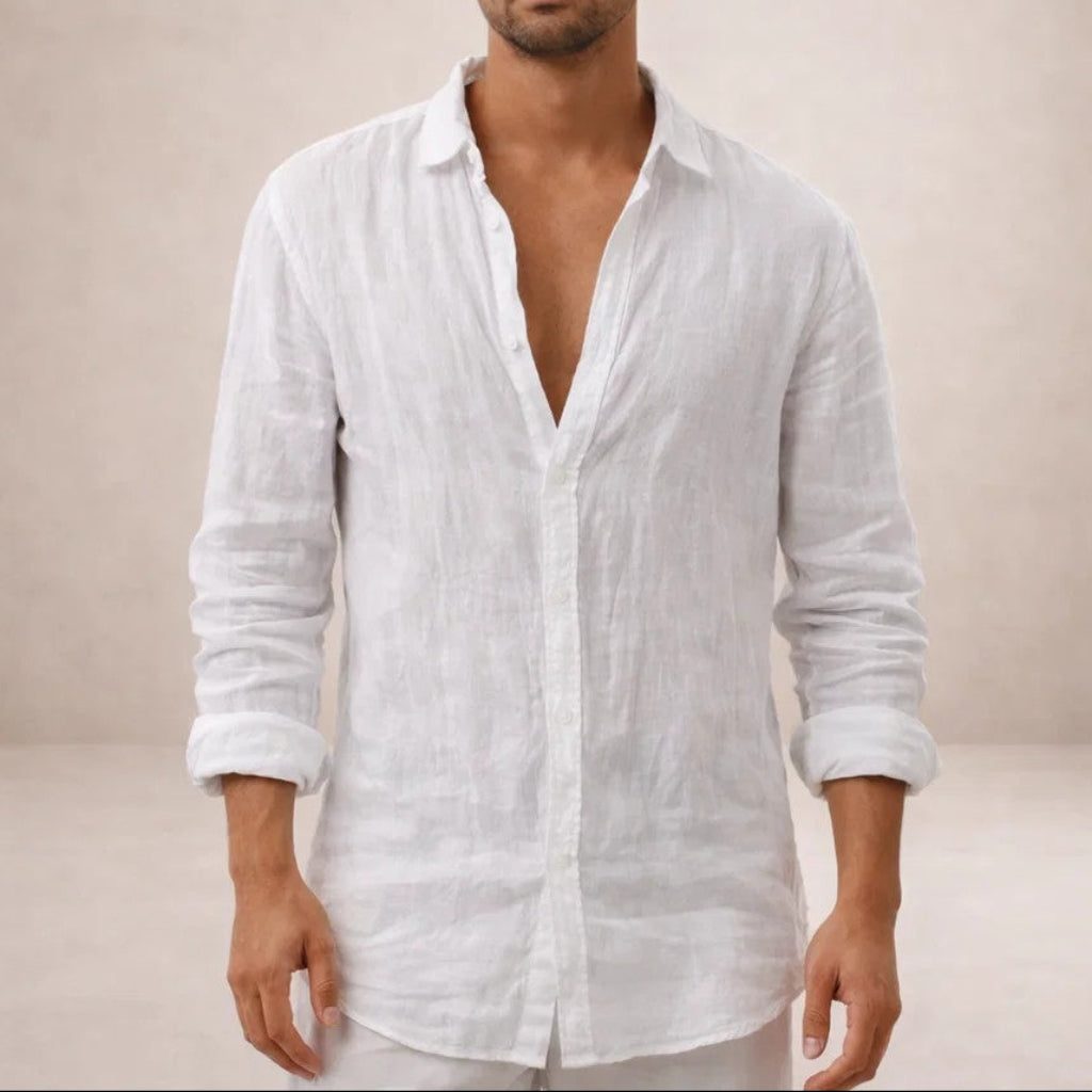 Linen Long Sleeve Shirt with Open Collar for Men