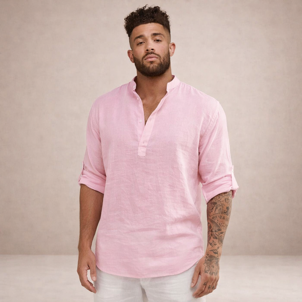 Linen Stand Collar Long Sleeve Shirt for Men