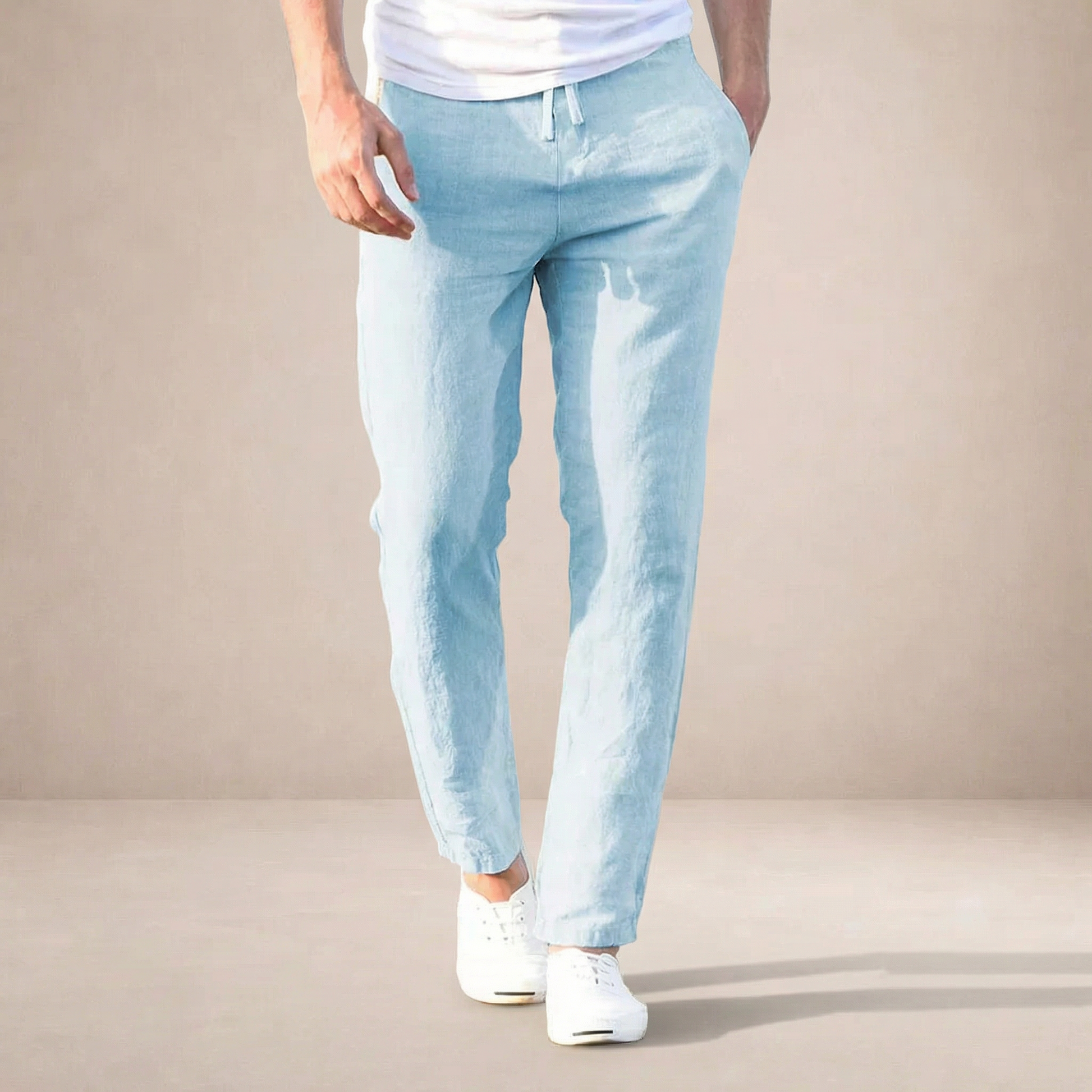 Linen Straight Leg Trousers with Elastic Waistband for Men