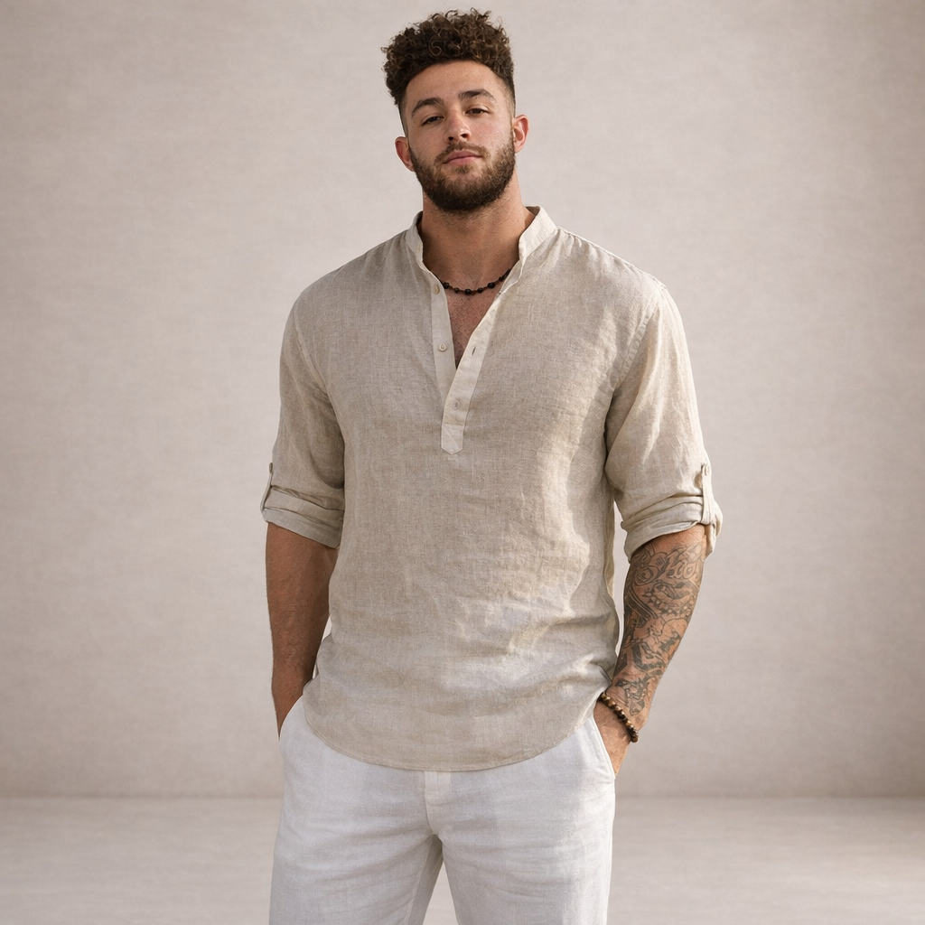 Linen Stand Collar Long Sleeve Shirt for Men