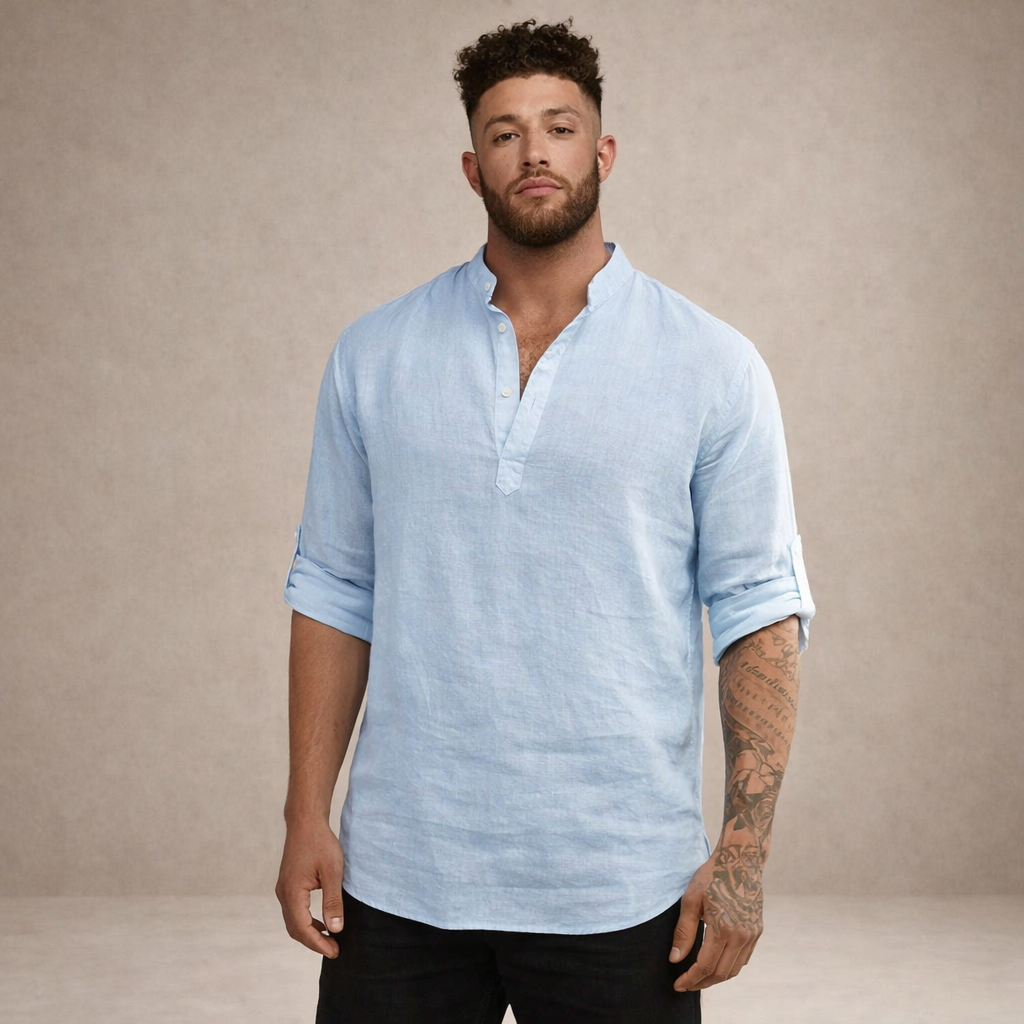 Linen Stand Collar Long Sleeve Shirt for Men