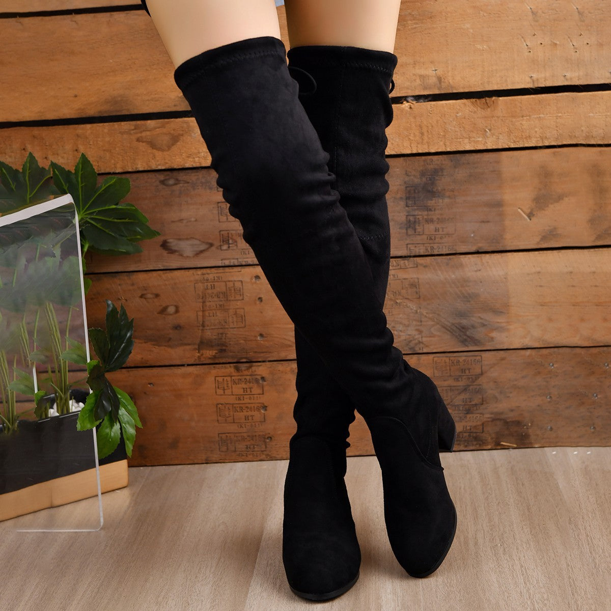 Suede Thigh-High Slouchy Boots with Block Heel for Women