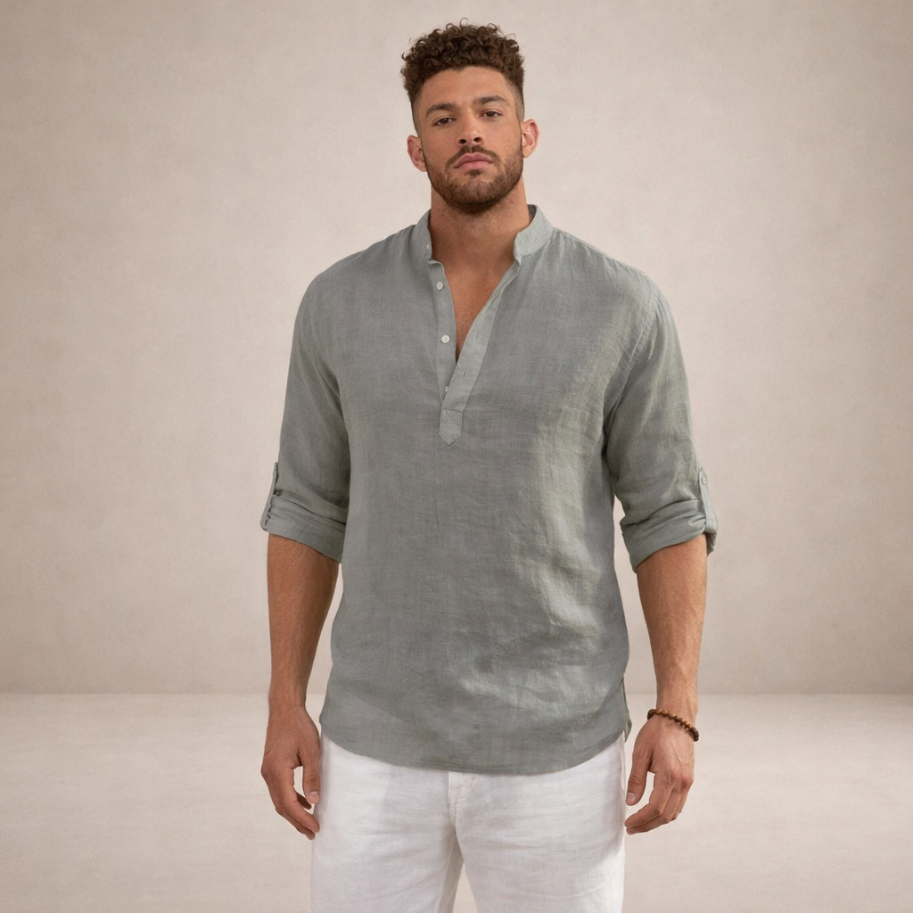 Linen Stand Collar Long Sleeve Shirt for Men
