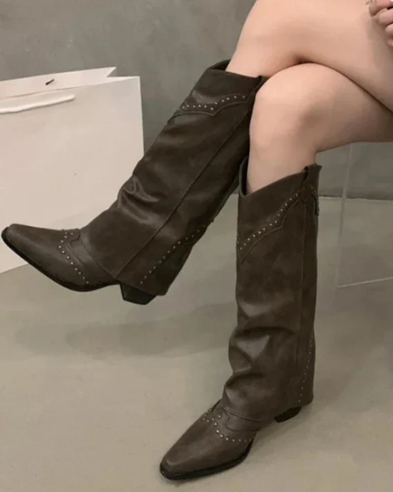 Faux Leather Studded Cowboy Boots for Women