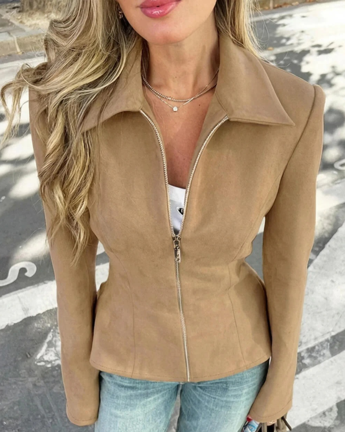 Faux Suede Jacket with Collar and Zipper Closure for Women