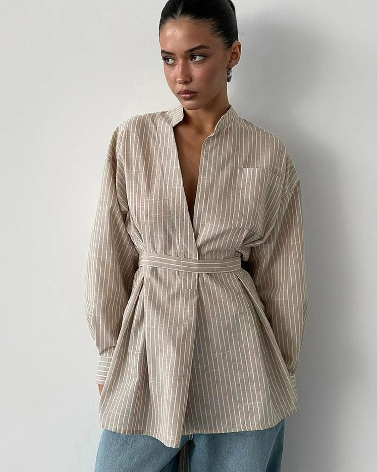 Oversized Striped V-Neck Long Sleeve Shirt for Women