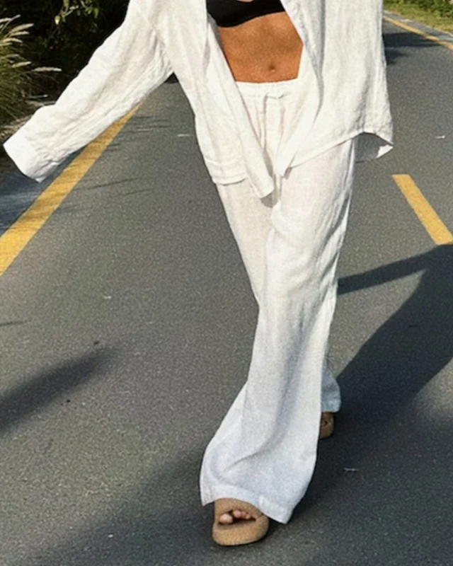 Wide Leg Linen Trousers with Drawstrings for Women