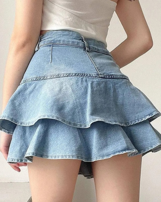 High Waisted Ruffle Denim Skirt for Women