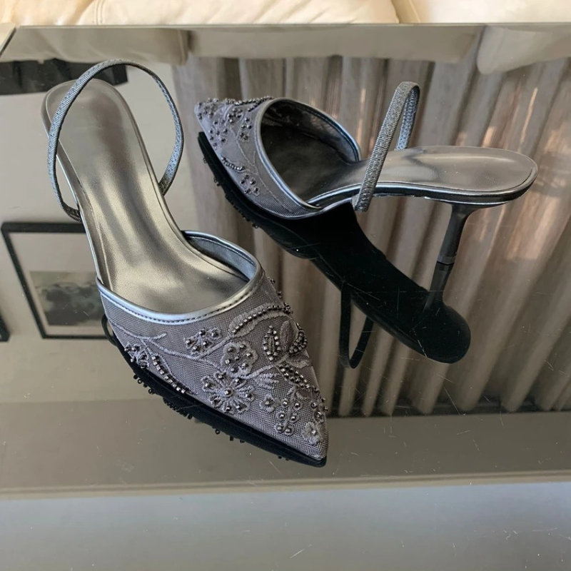 Embroidered Mesh Kitten Heel Slingbacks with Pointed Toe for Women
