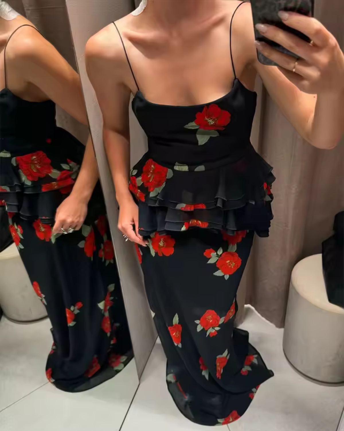 Floral Two Piece Set with Ruffle Top and Maxi Skirt for Women