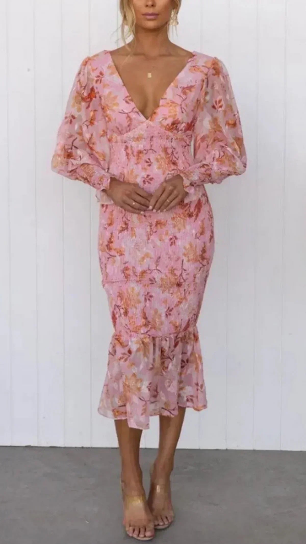 Floral Wrap V-Neck Midi Dress Wedding Guest for Women