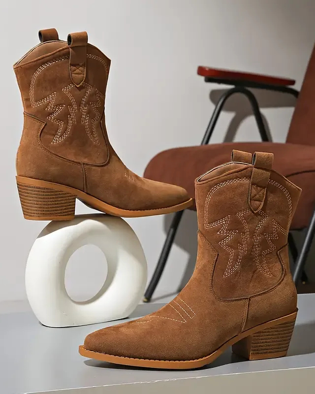 Faux Suede Cowboy Boots with Low Heels for Women