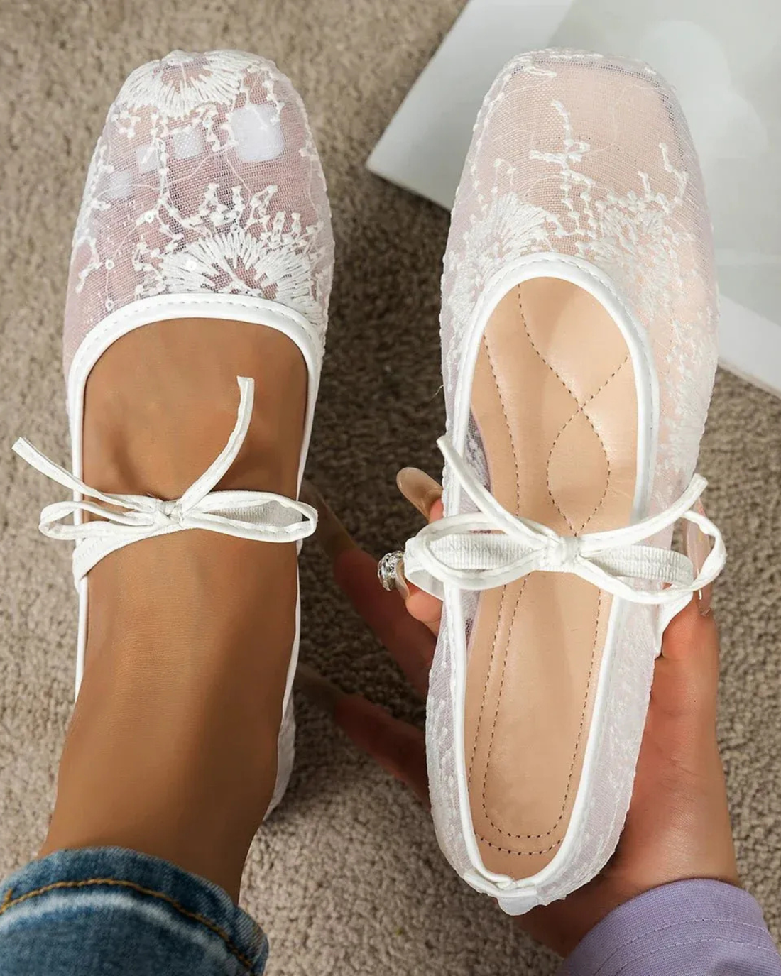 Mesh Ballet Flats with Floral Pattern for Women
