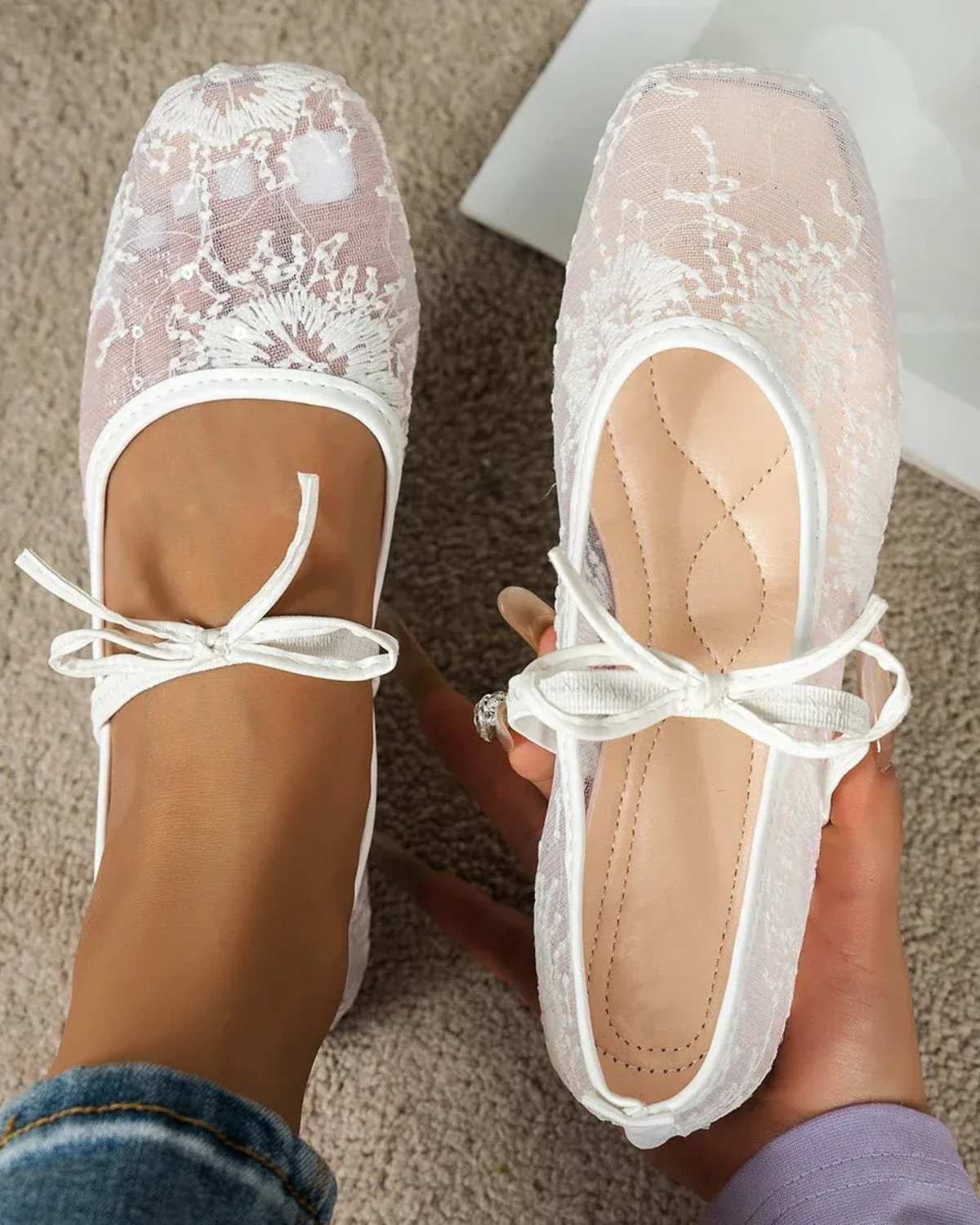 Mesh Ballet Flats with Floral Pattern for Women