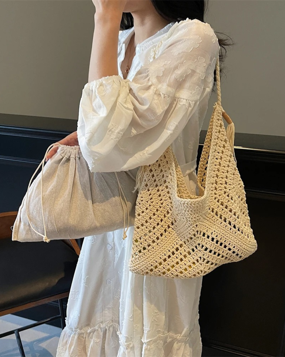 Boho Style Crochet Tote Bag with Tassel for Women