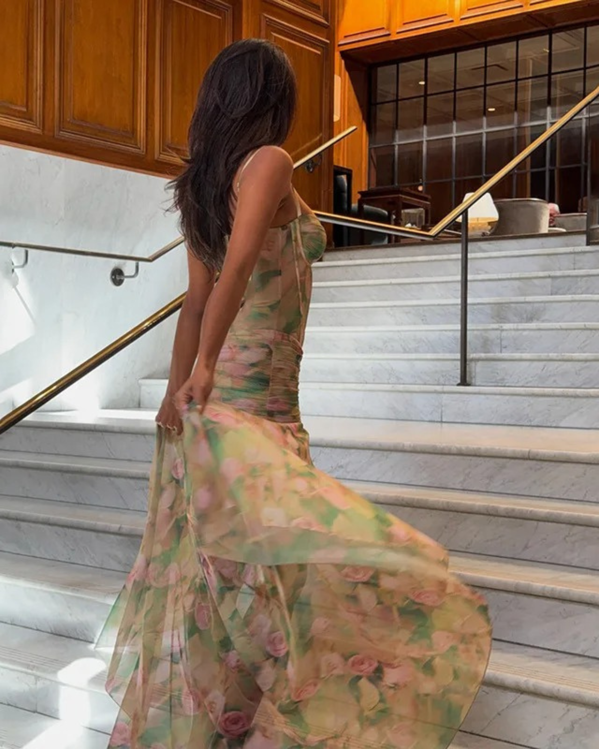 Floral Mesh Corset Maxi Dress with Slit for Women