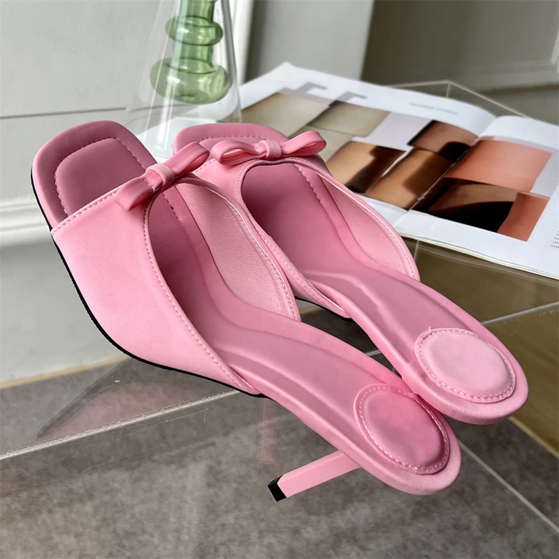 Satin Slide Sandals with Bow-Tie for Women