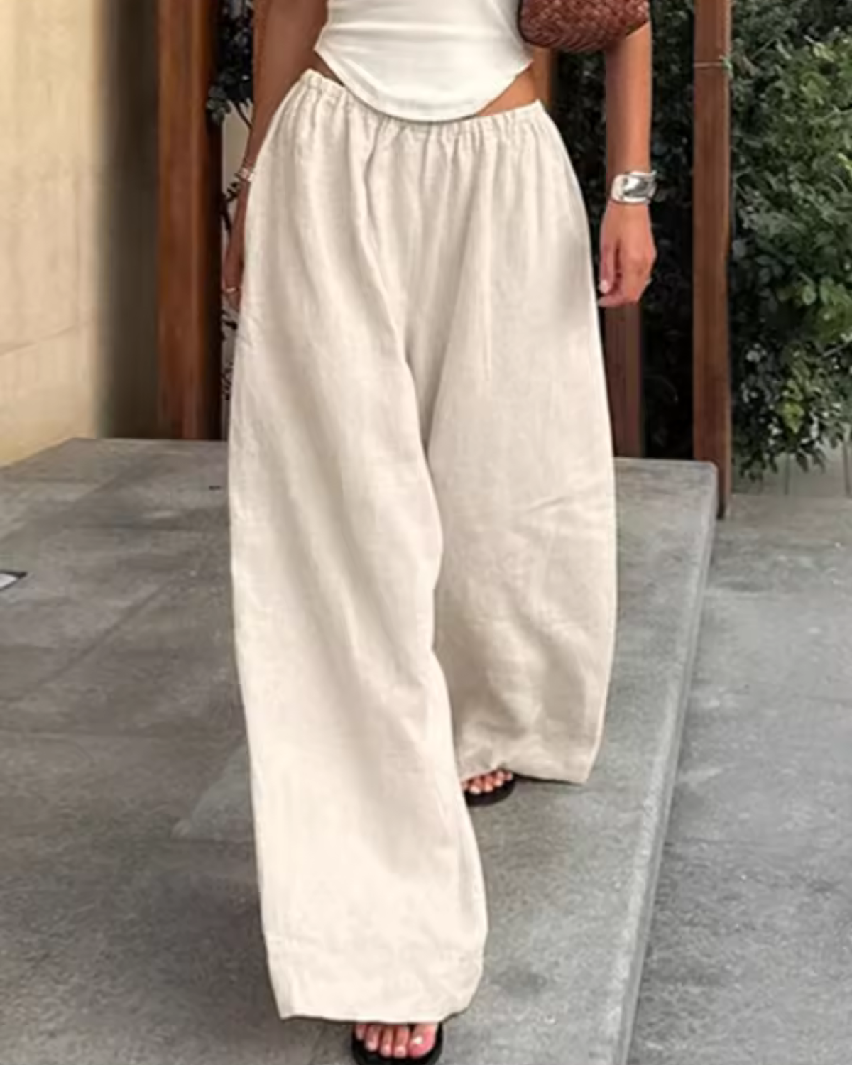 Wide Leg Linen Pants with Elasticated Waist for Women