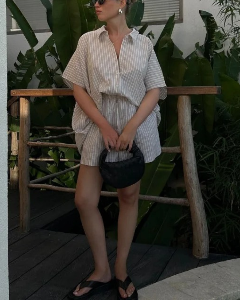 Striped Button Down Set with Shirt and Drawstring Shorts for Women