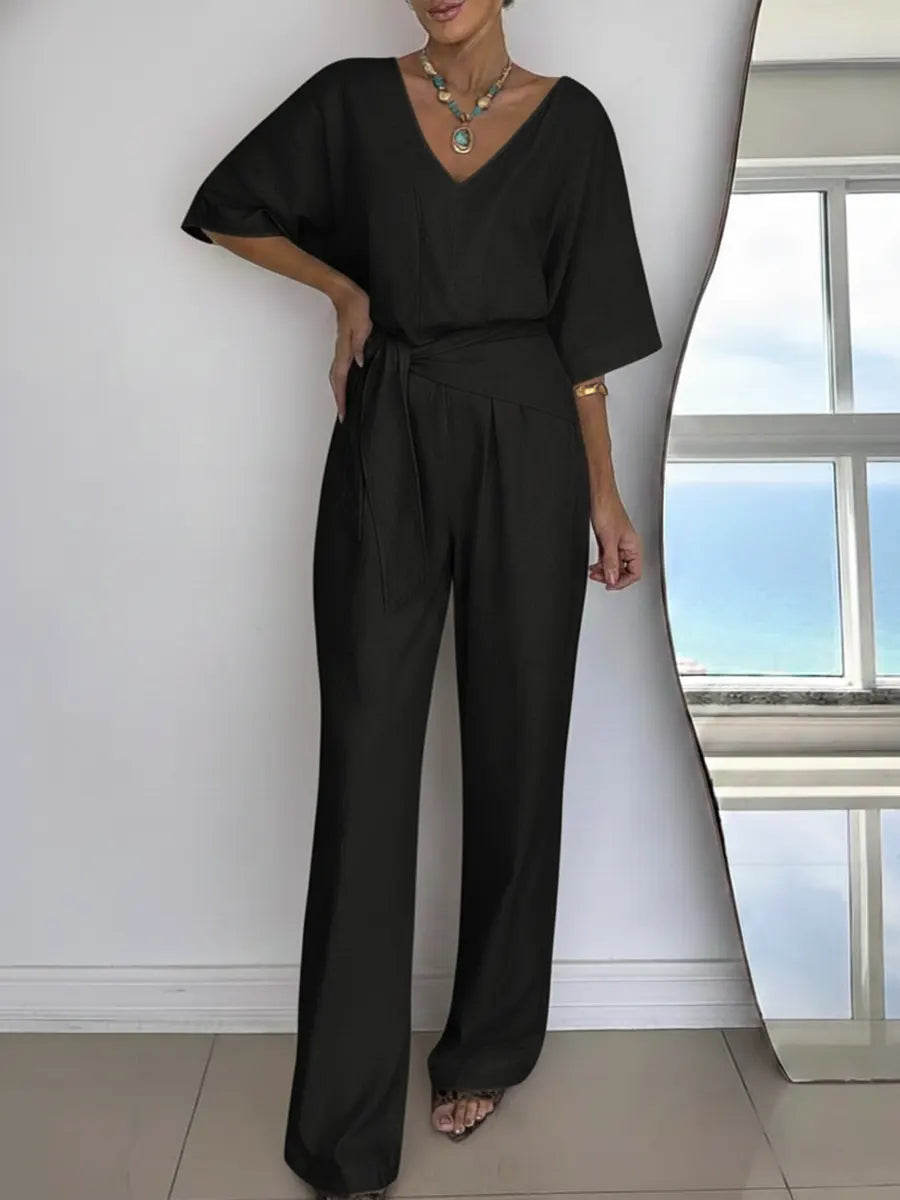 Linen Wide Leg Belted Jumpsuit for Women