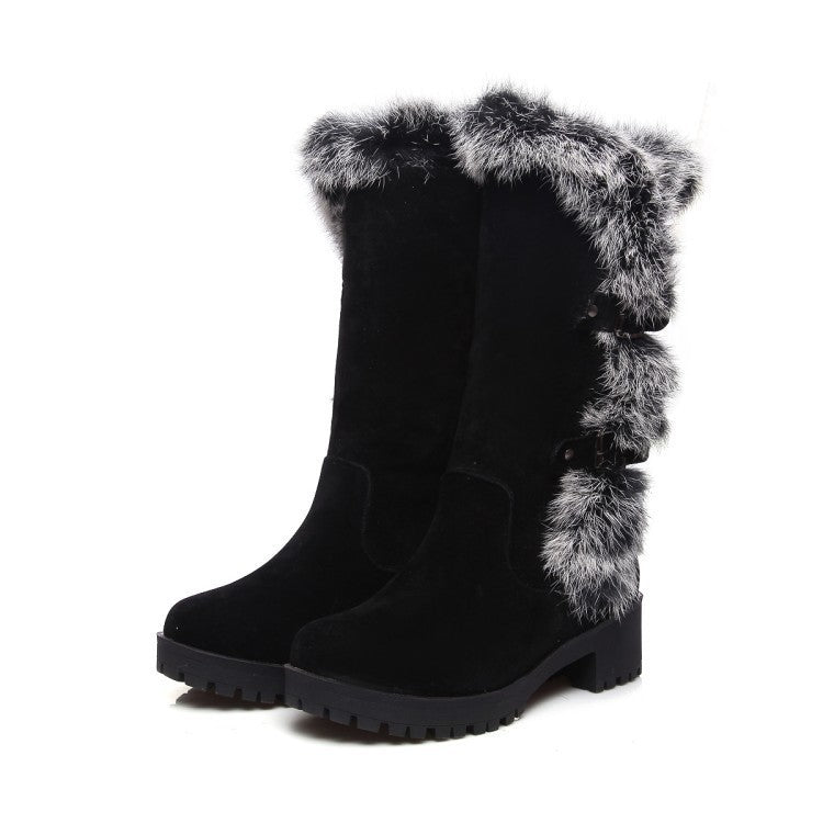 Suede Faux Fur Trim Buckle MidCalf Winter Boots for Women