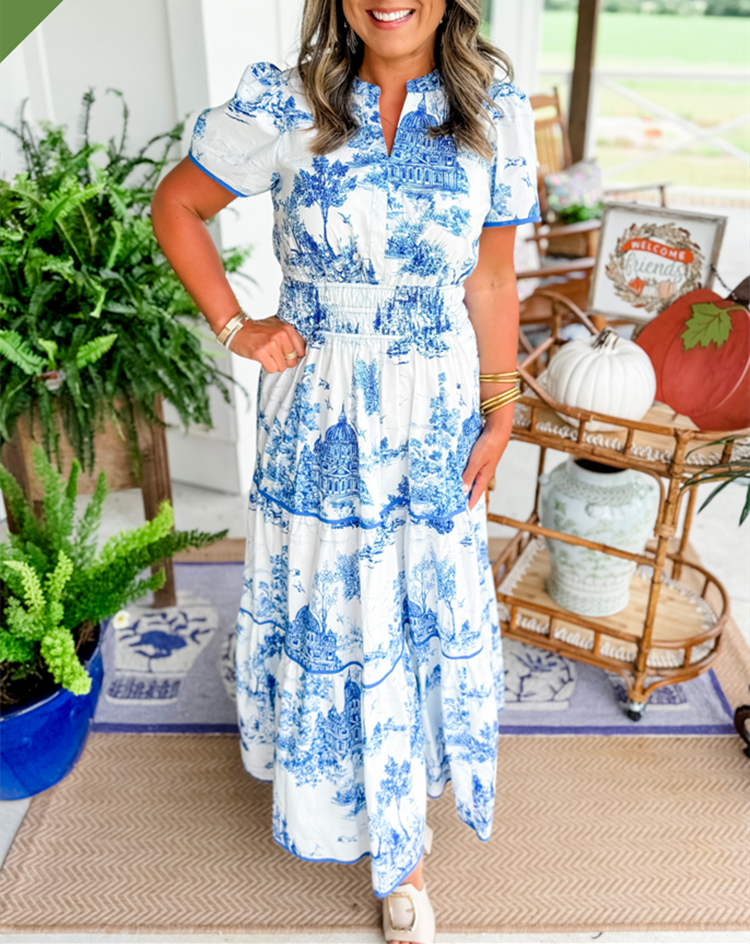 Toile Print Short Sleeve Wedding Guest Maxi Dress for Women