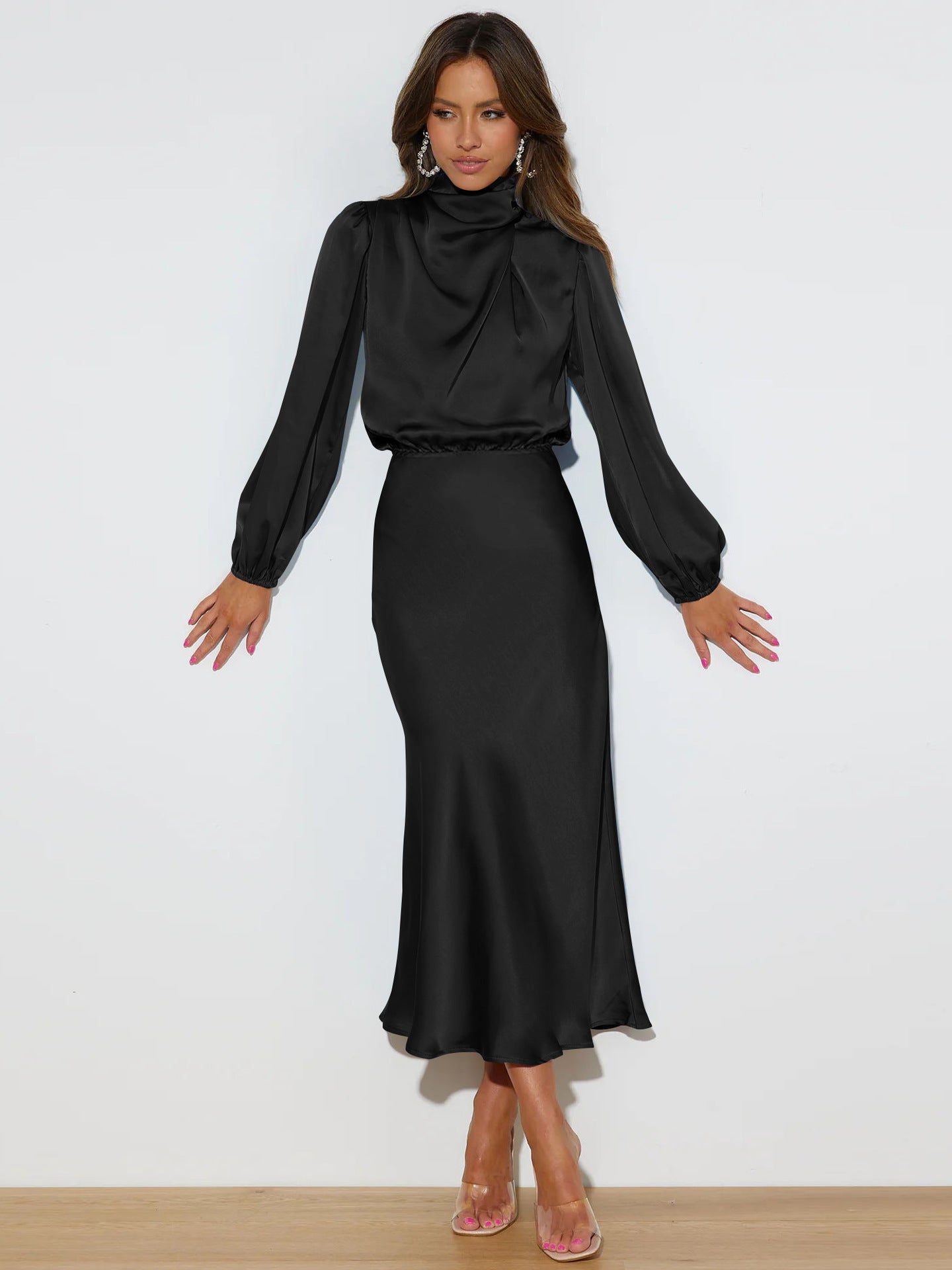 Satin Draped High Neck Long Sleeve Midi Dress for Women