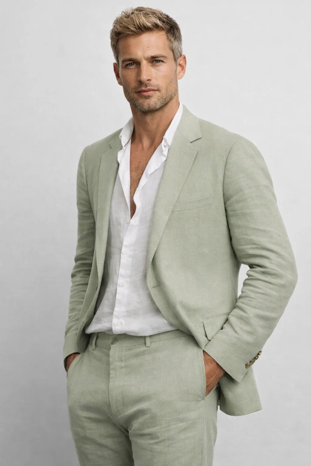 Linen Suit Set with Notch Lapel Blazer and Straight Leg Trousers for Men
