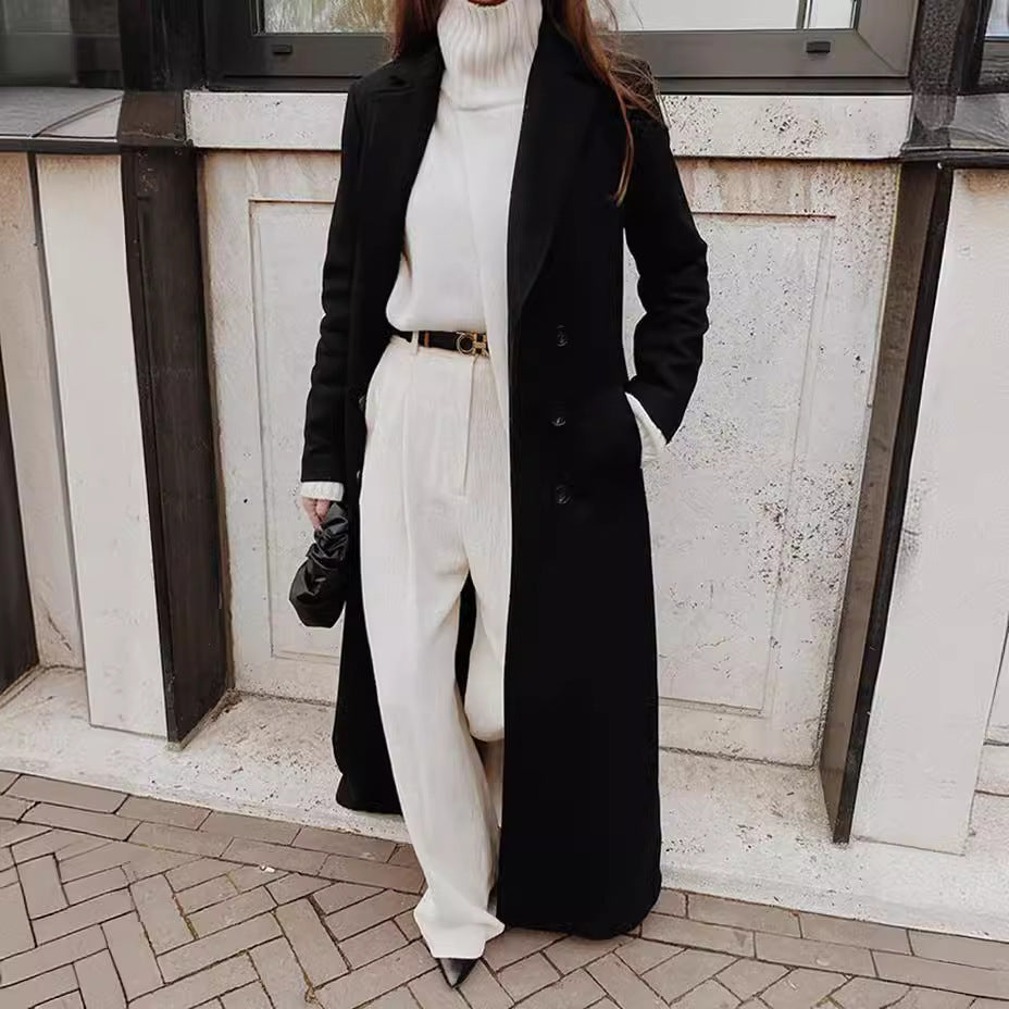 Long Overcoat for Women - Double-Breasted Wool Blend