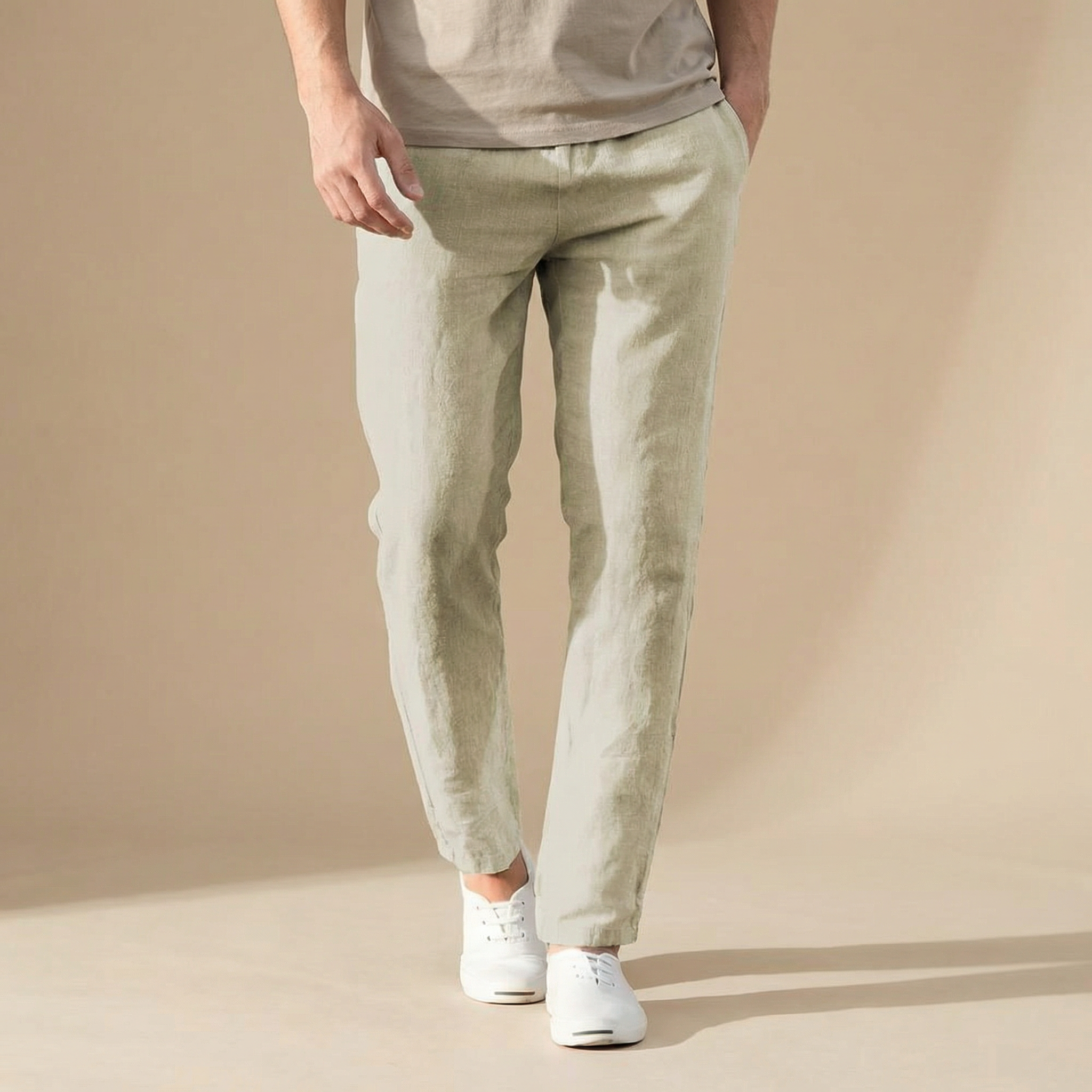 Linen Straight Leg Trousers with Elastic Waistband for Men