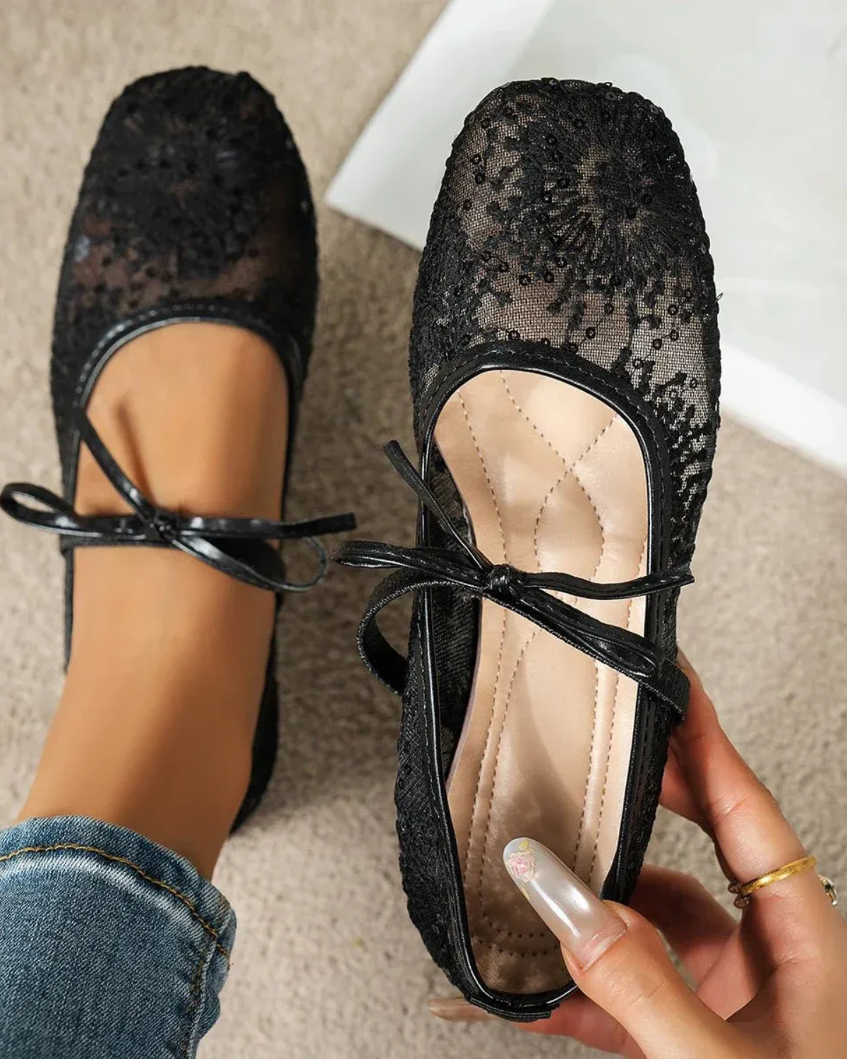 Mesh Ballet Flats with Floral Pattern for Women