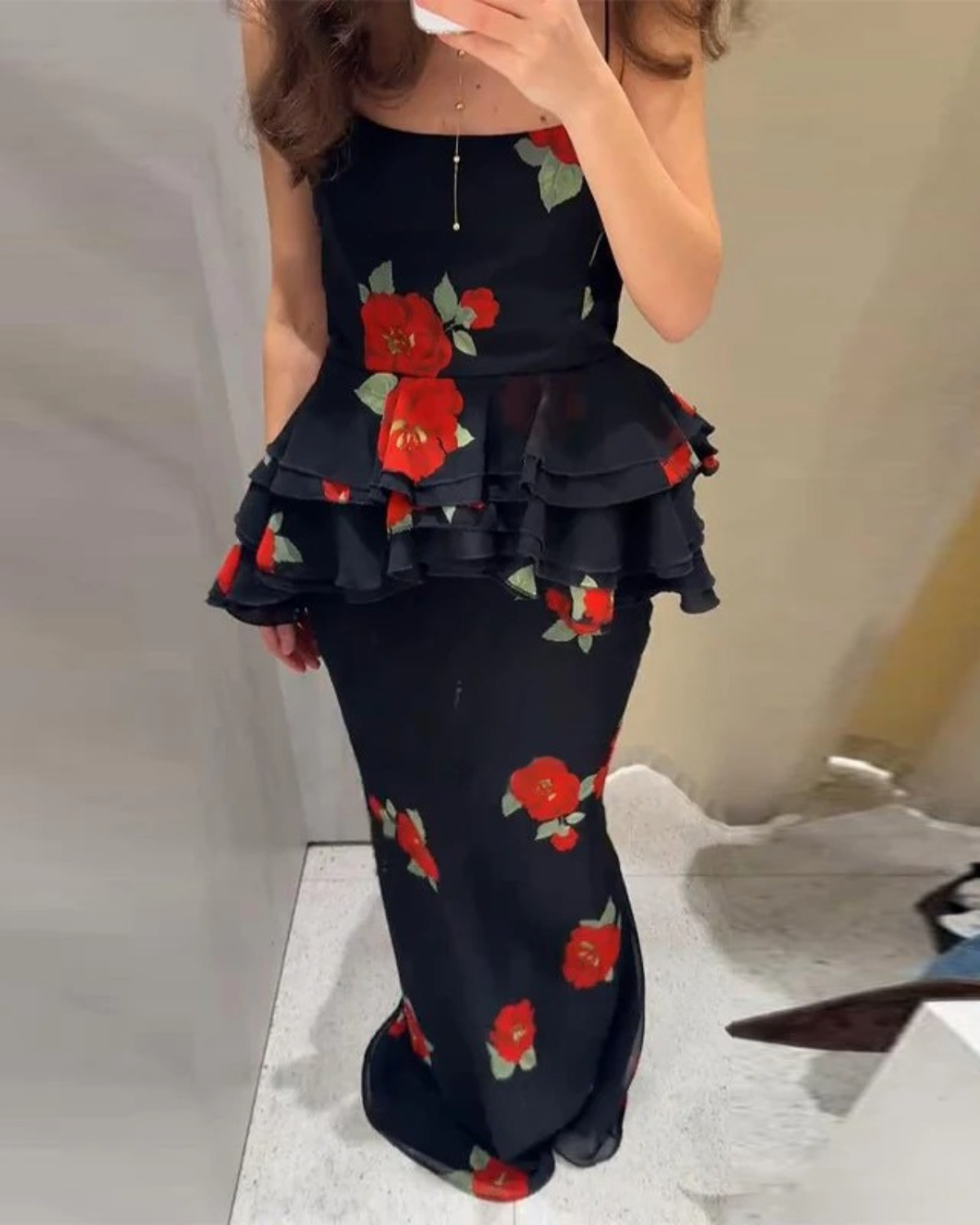 Floral Two Piece Set with Ruffle Top and Maxi Skirt for Women