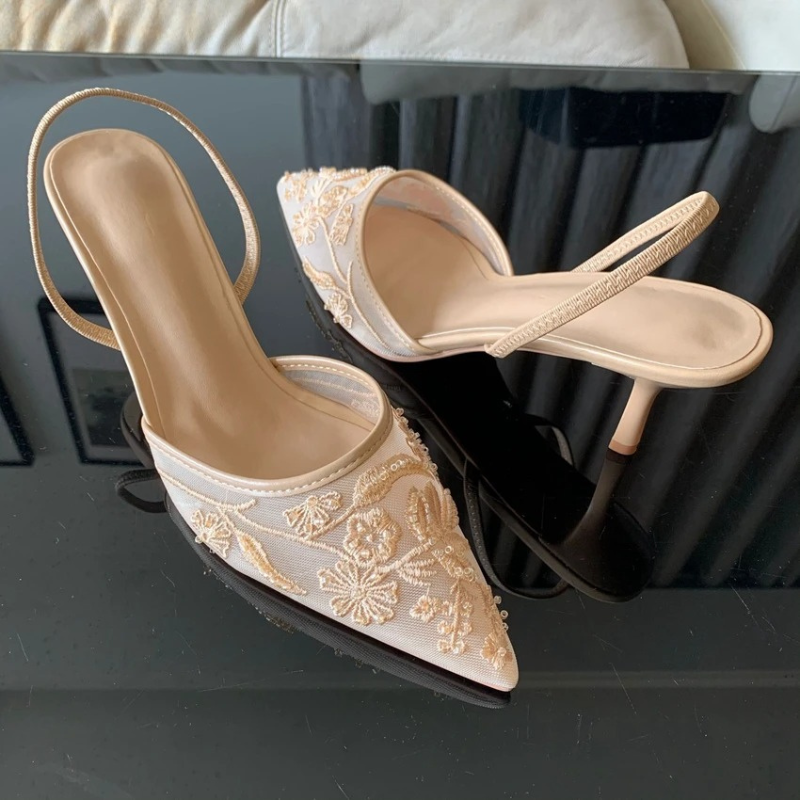 Embroidered Mesh Kitten Heel Slingbacks with Pointed Toe for Women