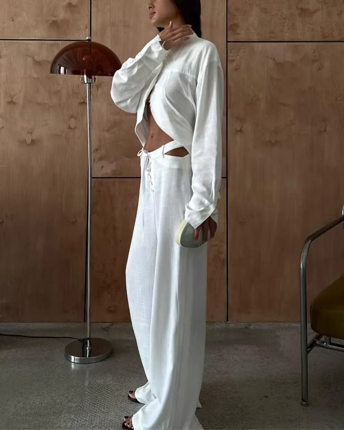 Linen Set with Long Sleeve Shirt and Wide Leg Pants for Women