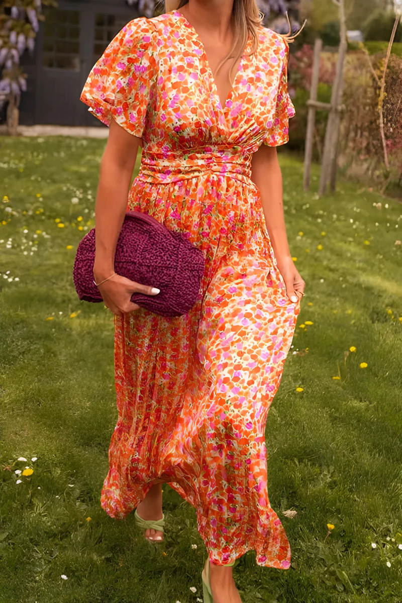 Floral V-Neck Wedding Guest Maxi Dress for Women