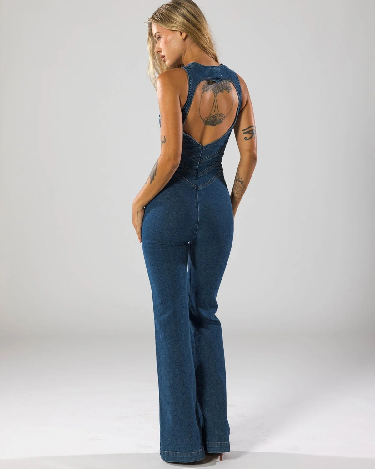 Denim Flared Jumpsuit with Front Zip for Women