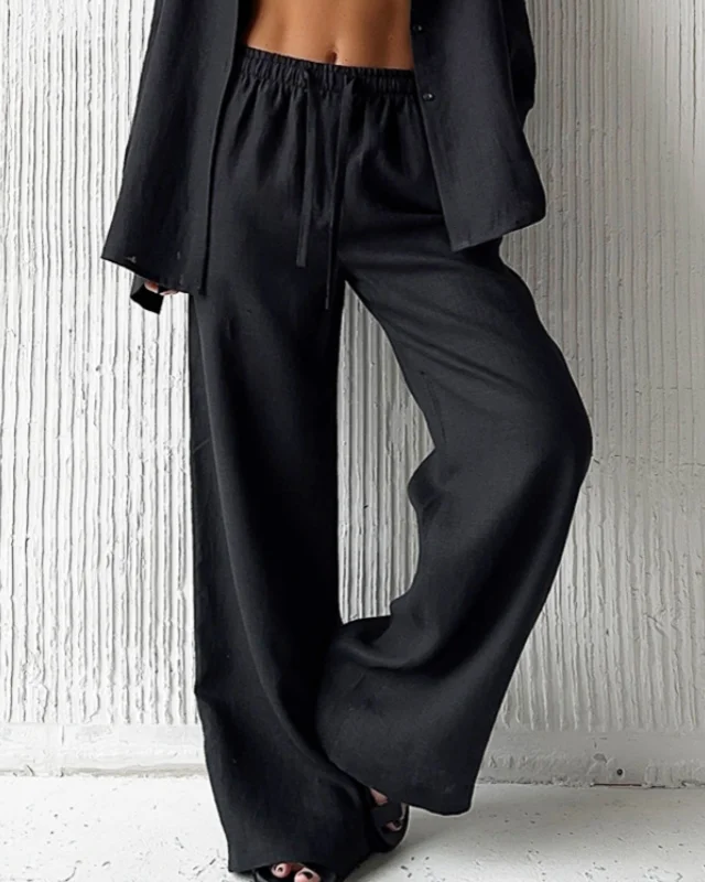 Wide Leg Linen Trousers with Drawstrings for Women
