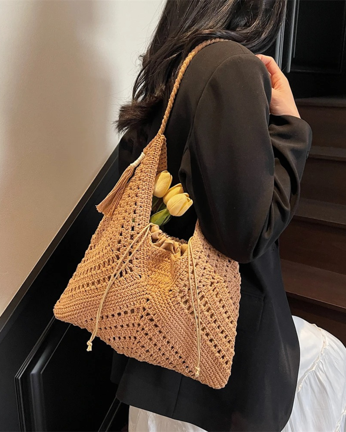 Boho Style Crochet Tote Bag with Tassel for Women