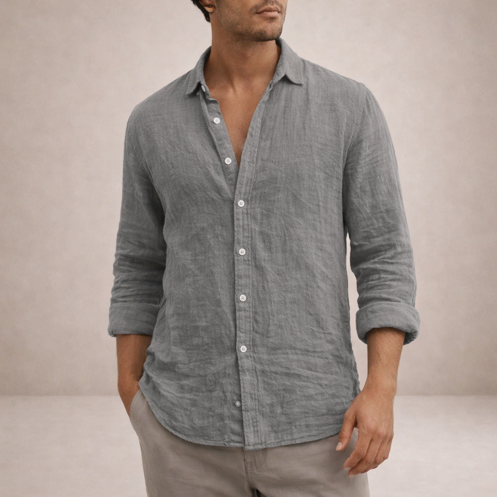 Linen Long Sleeve Shirt with Open Collar for Men