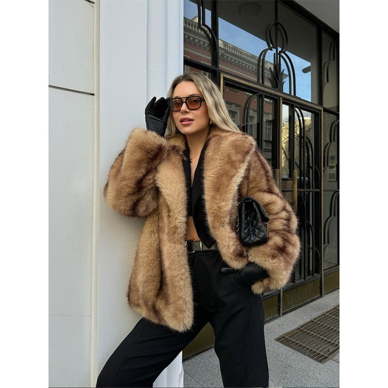 Faux Fur Coat with Wide Lapel Collar for Women