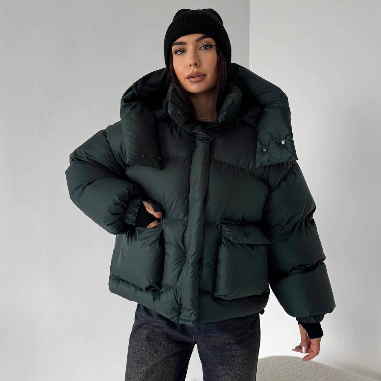 Oversized Puffer Jacket with Hood for Women