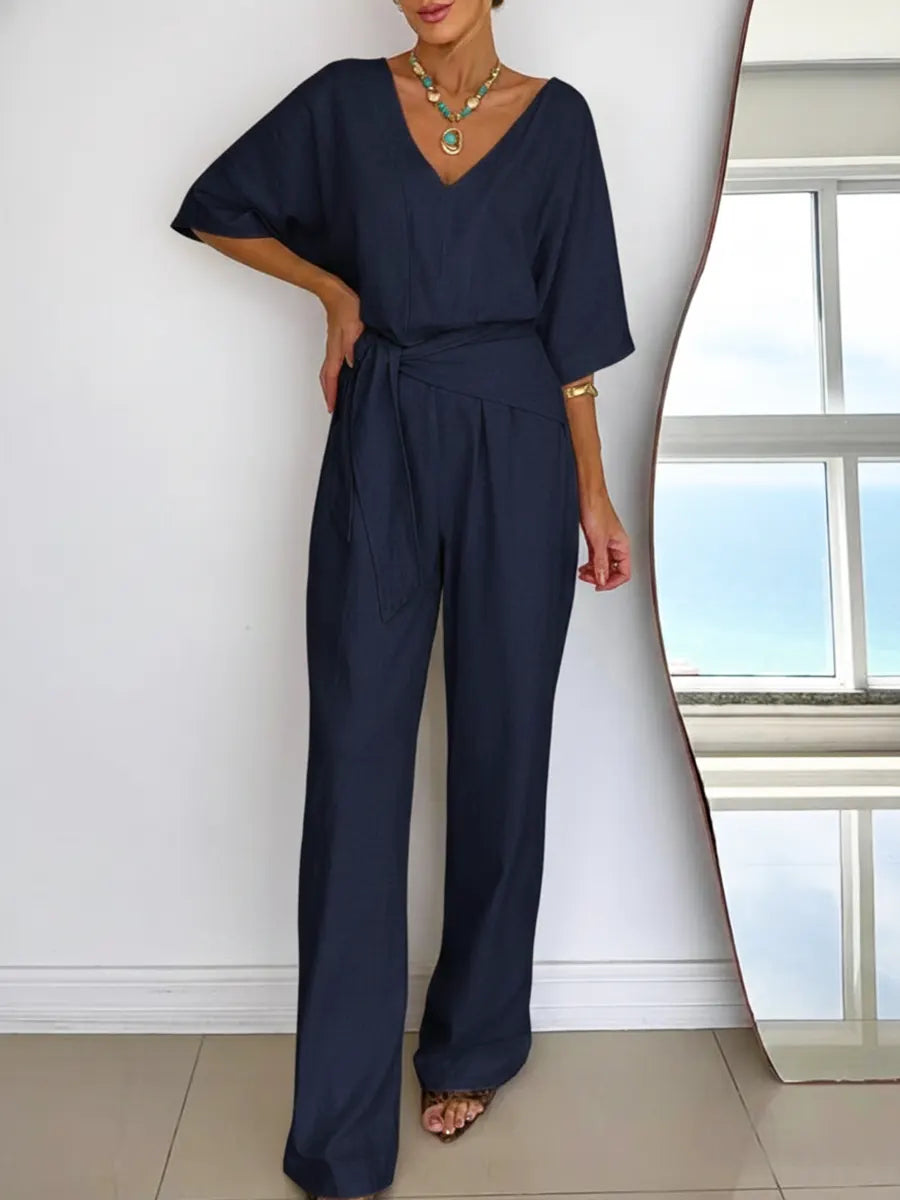 Linen Wide Leg Belted Jumpsuit for Women